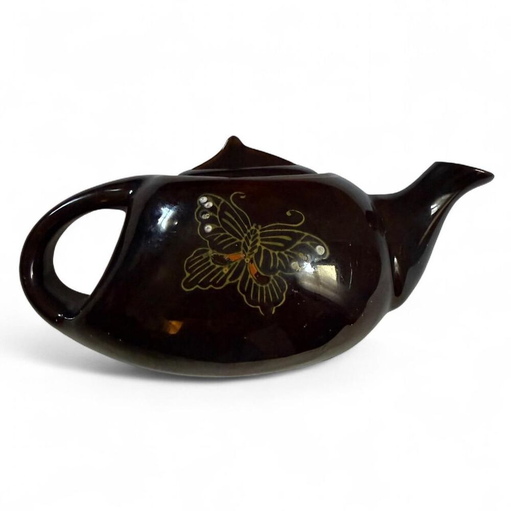 Vintage Japanese Brown Glaze Moriage Butterfly Teapot Hand Painted Japan Ceramic